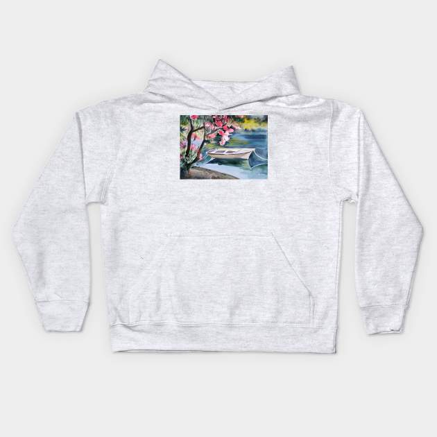 Boat on the lake Kids Hoodie by Ala Lopatniov